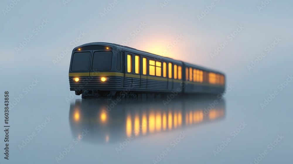 Poster illuminated subway train with yellow lights reflecting on a wet surface in a minimalist setting