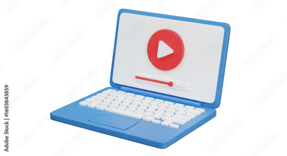 Fototapete blue laptop displaying play button and loading bar isolated on transparent background