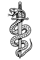 Fototapeta premium Cobra Snake Coiled Around a Sword Vector Emblem - Dynamic Symbol of Power and Danger