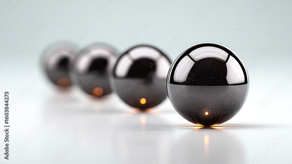 Poster gleaming metallic spheres with glowing lights arranged in a row on a bright surface