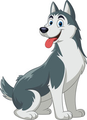 Happy cartoon husky dog sitting with tongue out, playful expression, friendly look, fluffy fur, isolated on white, vector art