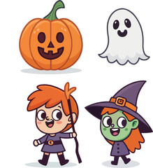 Cute Halloween Characters Pumpkin, Ghost, Witch and Child