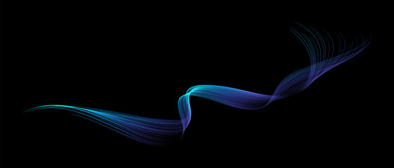 Vector abstract brush stroke wavy lines flowing smooth curve blue green light gradient isolated on black background in concept of technology, science, music, modern.