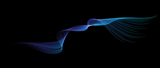 Vector abstract brush stroke wavy lines flowing smooth curve blue green light gradient isolated on black background in concept of technology, science, music, modern.