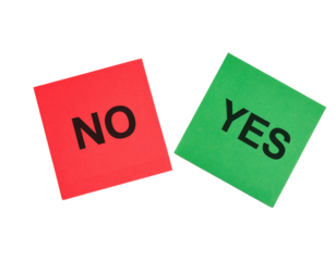 Two colored squares with bold black text reading "NO" on a red square and "YES" on a green square.