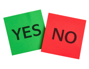 Two sticky notes, one green with "YES" and one red with "NO," representing affirmation and negation.