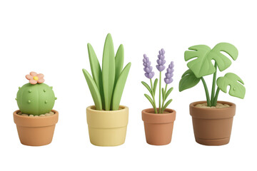 Fototapeta premium Cute 3D Potted Plants: Cactus, Succulent, Lavender, Monstera on Transparent Background