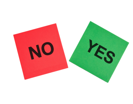Two colored squares with bold black text reading "NO" on a red square and "YES" on a green square.