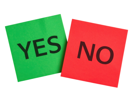Two sticky notes, one green with "YES" and one red with "NO," representing affirmation and negation.