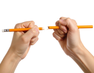 Two hands are shown breaking a yellow pencil in half against a black background.
