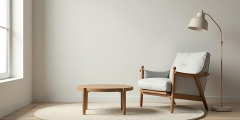 Serene Minimalist Living Room Featuring a Comfortable Armchair, Round Coffee Table, and Floor Lamp