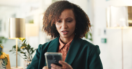 Confused, smartphone and business woman in office with reaction to negative project feedback, error or mistake. Communication, contact and person with professional crisis or reading bad email review