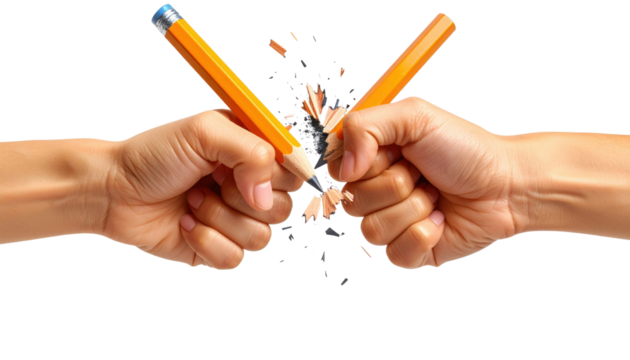 Two hands breaking a sharpened pencil in half, with wood shavings and pencil fragments flying.