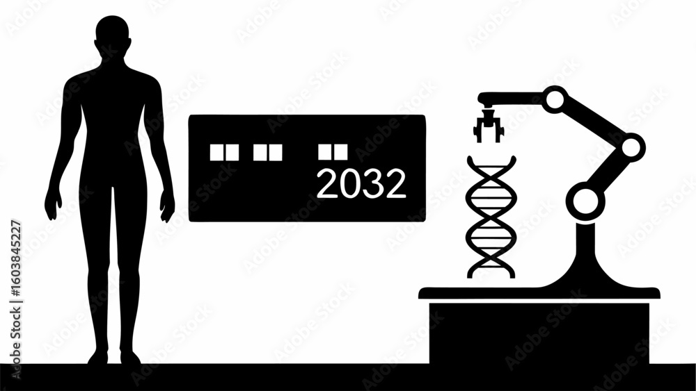 Poster silhouette of a person next to a screen displaying 2032 and a robotic arm manipulating dna strand