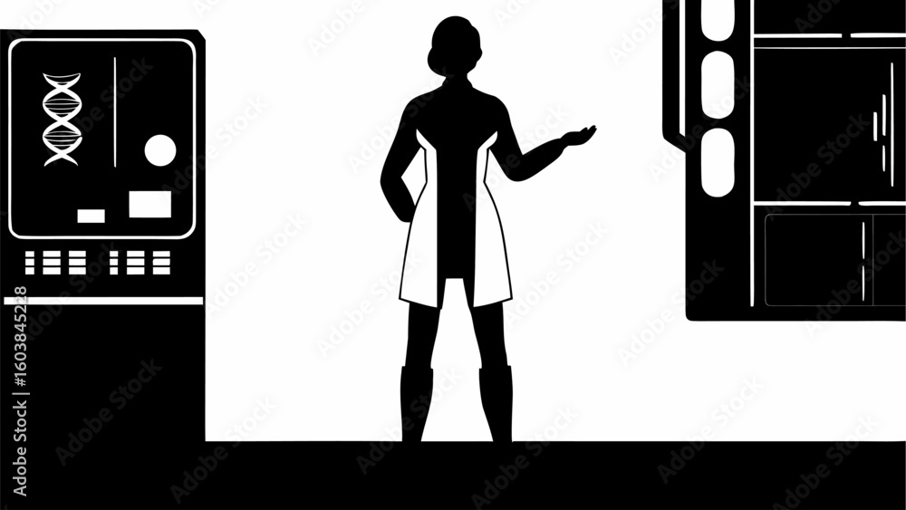 Poster silhouette of a scientist in a lab coat presenting dna data on a machine in a monochrome illustratio