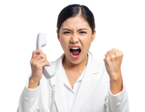A woman in a white suit angrily yells into a telephone handset while raising her clenched fist in frustration.