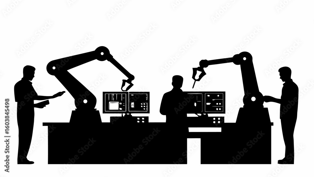 Poster silhouette of two workers operating robotic arms in a factory setting with computer monitors and des