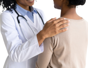 A healthcare professional wearing a white coat and stethoscope gently places a reassuring hand on a patient's shoulder.