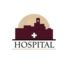 Obraz premium Hospital silhouette in burgundy and sand on white background, healthcare concept