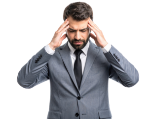 A man in a gray suit and black tie appears stressed, pressing his fingers to his temples with a furrowed brow and closed eyes.