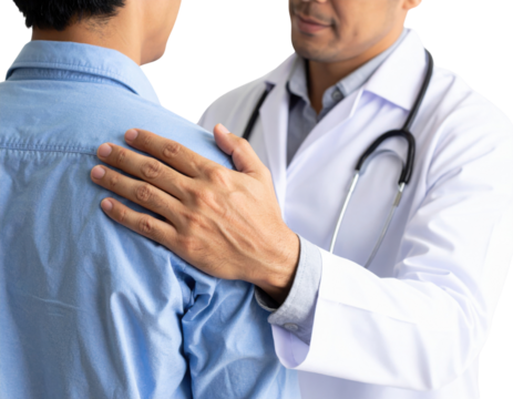 A doctor in a white coat gently places a reassuring hand on a patient's shoulder during a consultation. - Powered by Adobe