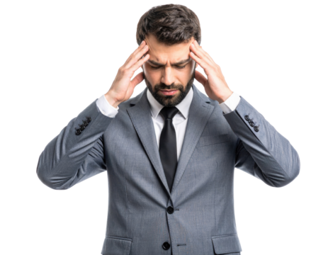 A man in a gray suit and black tie appears stressed, pressing his fingers to his temples with a furrowed brow and closed eyes.