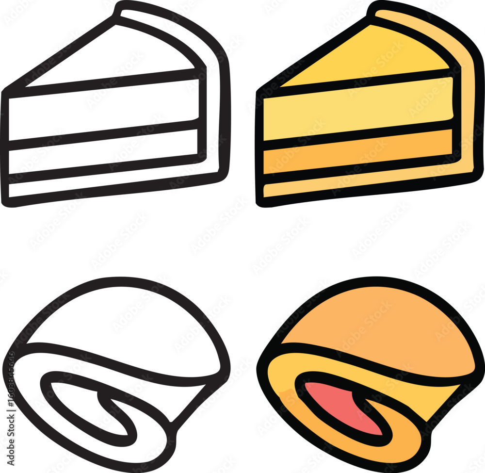 Poster simple cartoon illustrations of a slice of layered cake and a swiss roll, shown in both outline and 