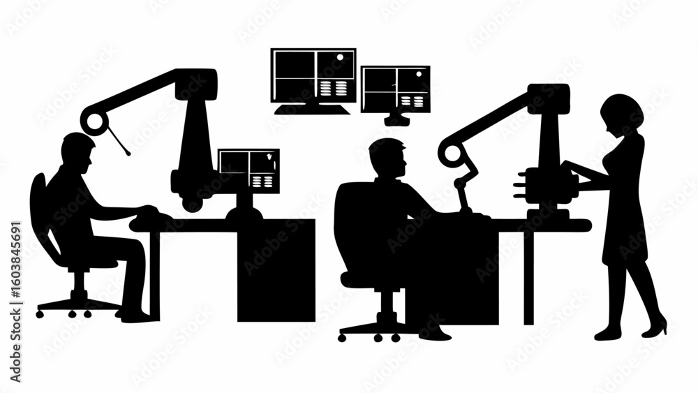 Poster silhouette depiction of automated factory workers with robotic arms and computer monitors in a works