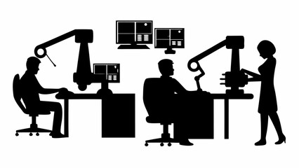 Silhouette depiction of automated factory workers with robotic arms and computer monitors in a workspace