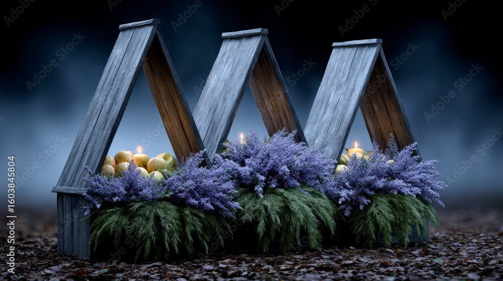 Poster three rustic wooden structures with lavender apples and glowing candles in a dark natural setting