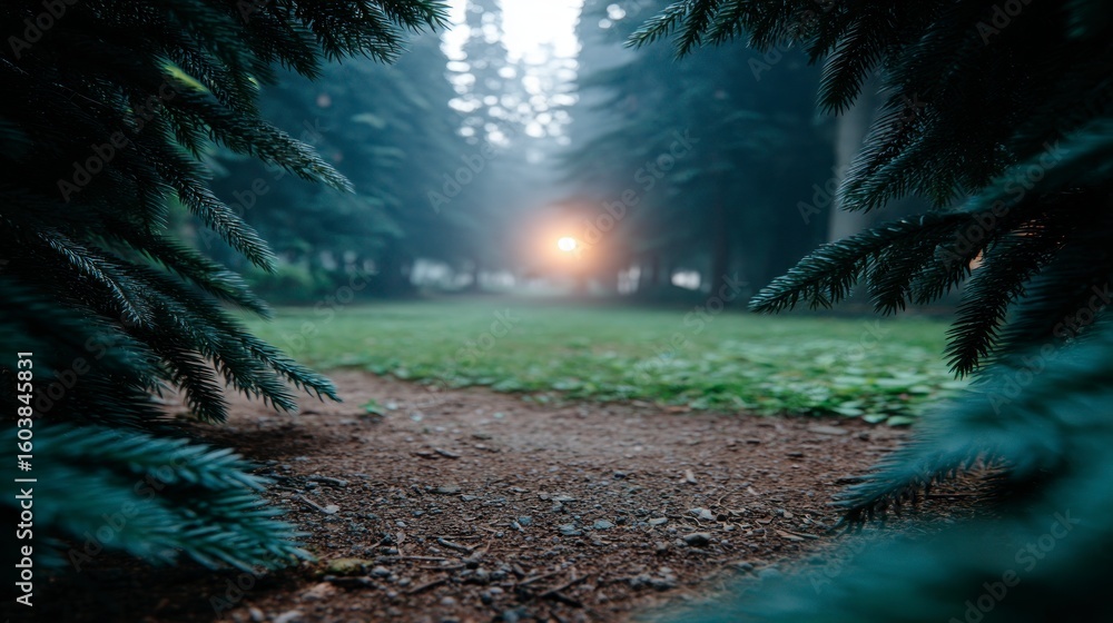 Aufkleber sunlit path through a misty forest with evergreen trees framing the view