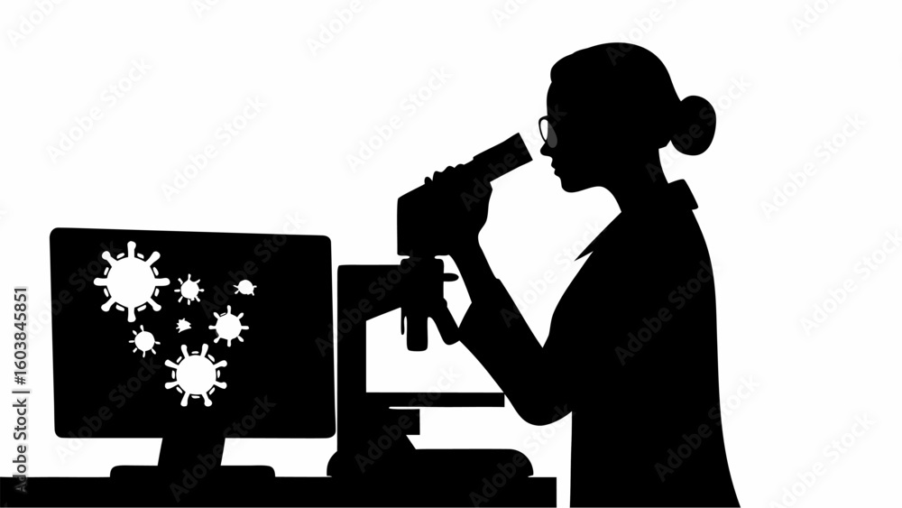 Poster silhouette of scientist examining virus on computer screen through a microscope in a laboratory sett