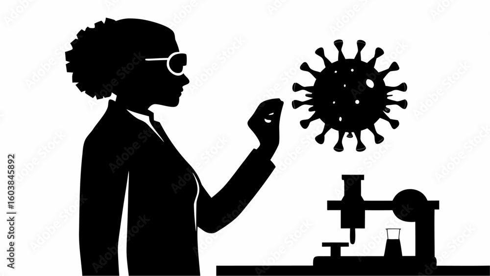 Poster silhouette of a scientist examining a virus with a microscope in a laboratory setting for research w