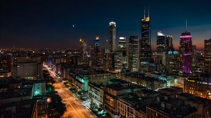 Nighttime city skyline with glowing windows and streetlights, capturing urban vibrancy.