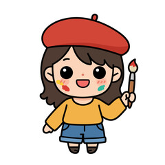 Cartoon girl with a red beret holding a paintbrush and with paint smudged on her face