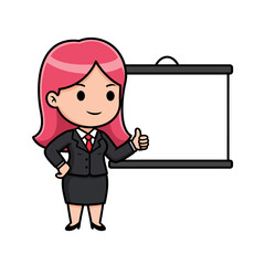 Cartoon woman in a business suit gives a thumbsup next to a blank presentation board