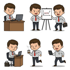 Six cartoon businessmen in various office settings and actions