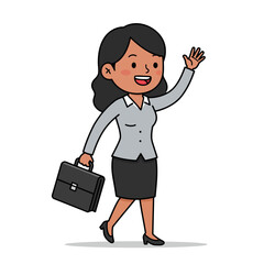 Cartoon businesswoman waves with briefcase