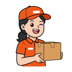 Cartoon delivery woman in orange uniform holds a box winking