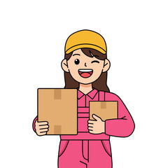 Smiling cartoon delivery worker in pink uniform holding boxes