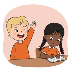 Two kids in a classroom setting one raising a hand and the other writing