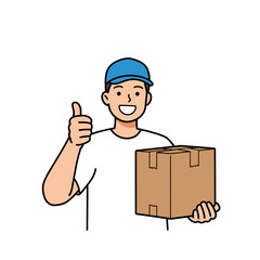 A delivery man in a blue cap holds a box and gives a thumbs up