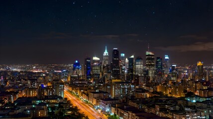 Nighttime city skyline with glowing windows and streetlights, capturing urban vibrancy.