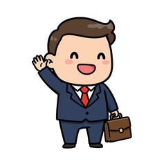 Cartoon businessman in blue suit waving with a briefcase