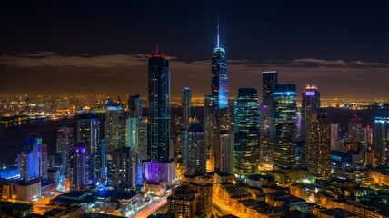 Nighttime city skyline with glowing windows and streetlights, capturing urban vibrancy.