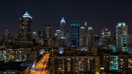 Nighttime city skyline with glowing windows and streetlights, capturing urban vibrancy.