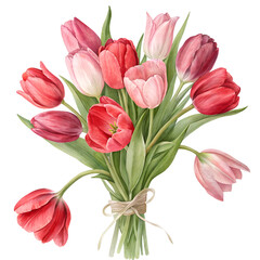 Fototapeta premium Watercolor Bouquet of Pink and Red Tulips Tied with Twine on transparent background