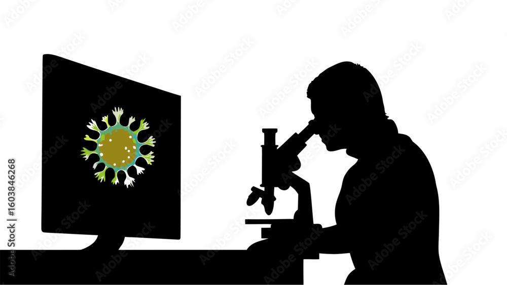 Poster silhouette of scientist looking at virus on computer screen through a microscope in a laboratory set