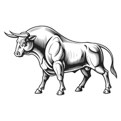 Dynamic Linocut Artwork of a Bull in Powerful Pose - High Contrast Black and White Vector Illustration
