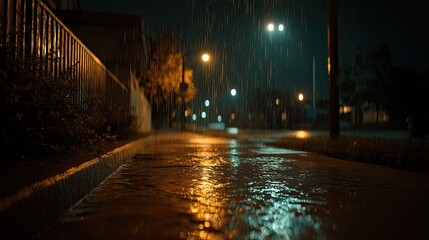 A rainy night street scene.  City lights reflect on wet pavement